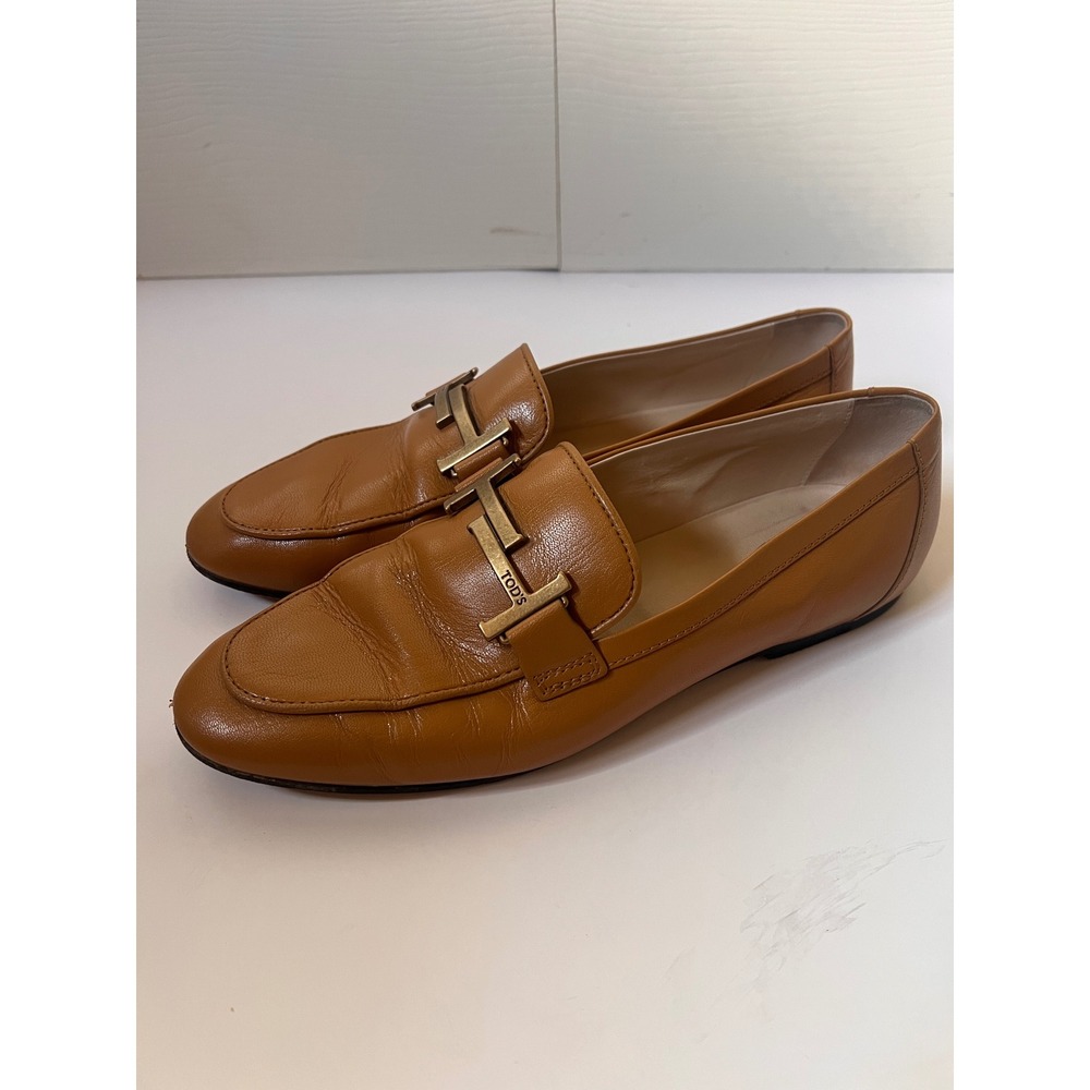 Tods Double T Loafers Tan Leather Gold Hardware Flats Shoes Brown 39.5